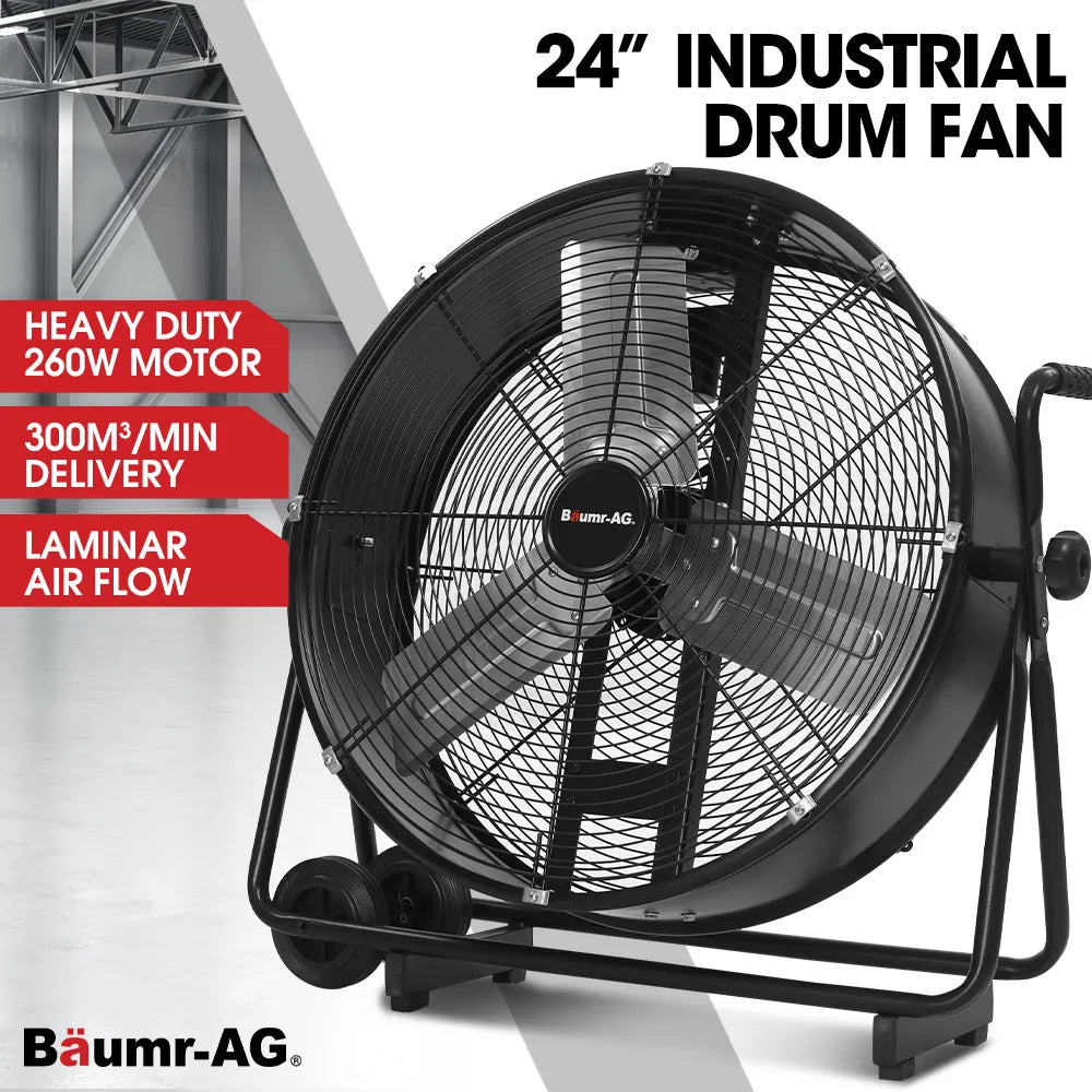 BAUMR-AG 24" 610mm 260W Industrial Mobile Floor Drum Fan, Tilting, Large, Commercial, Heavy-duty