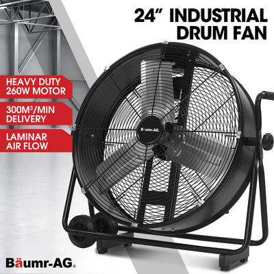 BAUMR-AG 24" 610mm 260W Industrial Mobile Floor Drum Fan, Tilting, Large, Commercial, Heavy-duty