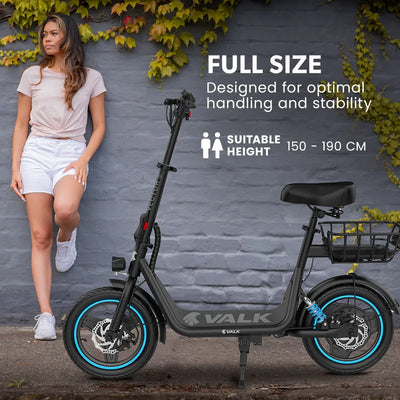 VALK Electric Scooter with Seat, 30km Range, Disc brakes, 14" Tyres, Motorised eScooter for Adults Teens Commuter