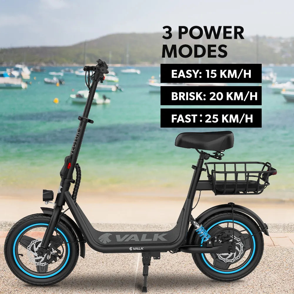 VALK Electric Scooter with Seat, 30km Range, Disc brakes, 14" Tyres, Motorised eScooter for Adults Teens Commuter