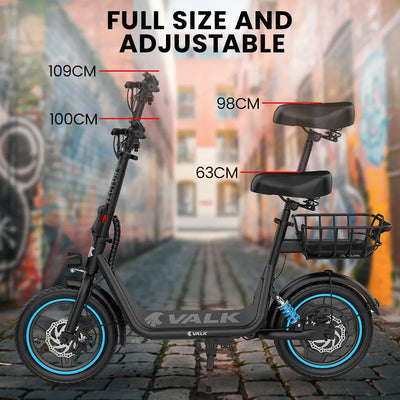 VALK Electric Scooter with Seat, 30km Range, Disc brakes, 14" Tyres, Motorised eScooter for Adults Teens Commuter