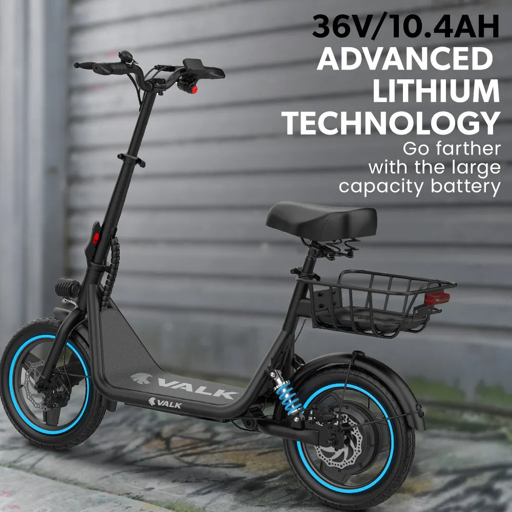 VALK Electric Scooter with Seat, 30km Range, Disc brakes, 14" Tyres, Motorised eScooter for Adults Teens Commuter