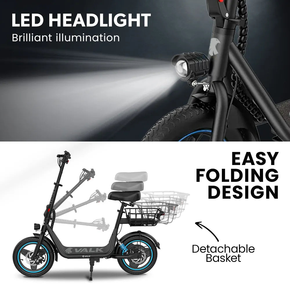 VALK Electric Scooter with Seat, 30km Range, Disc brakes, 14" Tyres, Motorised eScooter for Adults Teens Commuter