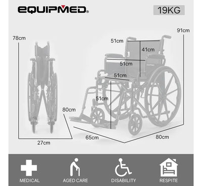 Folding Wheelchair, XL 51cm Wide Seat, 24 Inch Wheels, 136kg Capacity, Park Brakes, Black