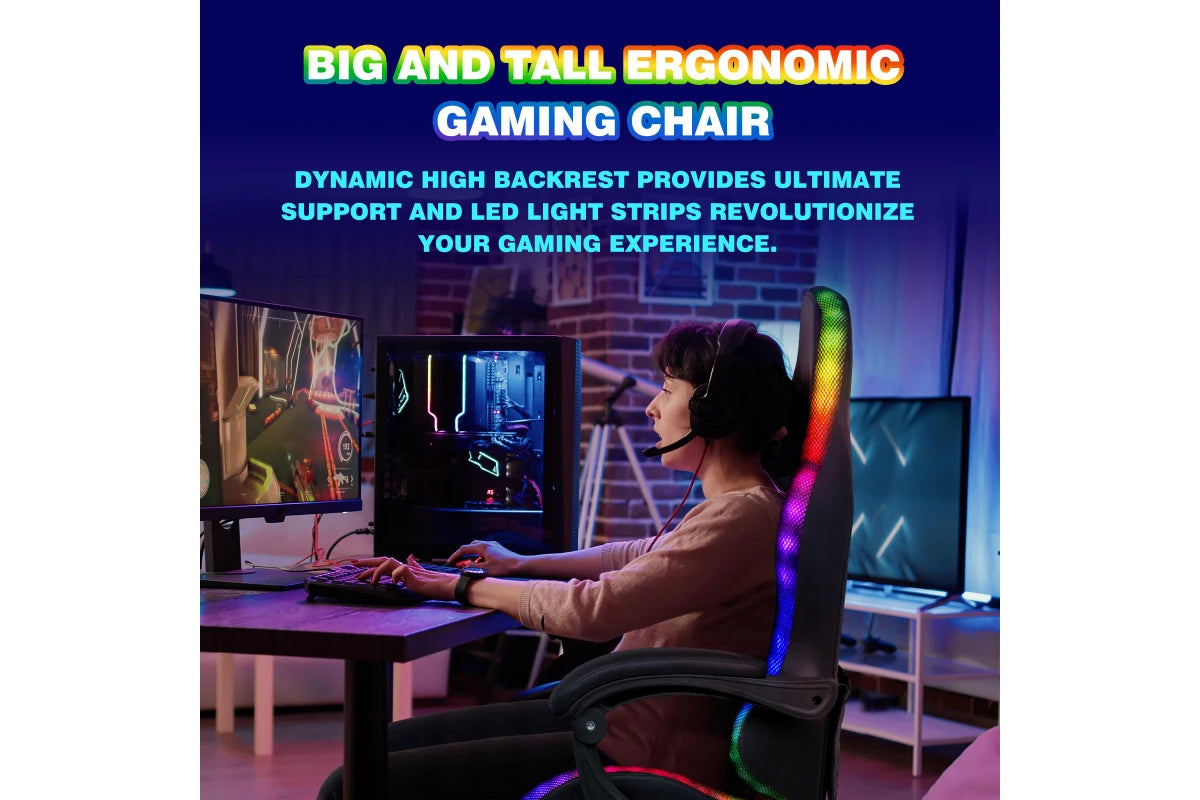 Advwin Gaming Chair with 7 Massagers and 12 RGB LED Lights with Footrest Black