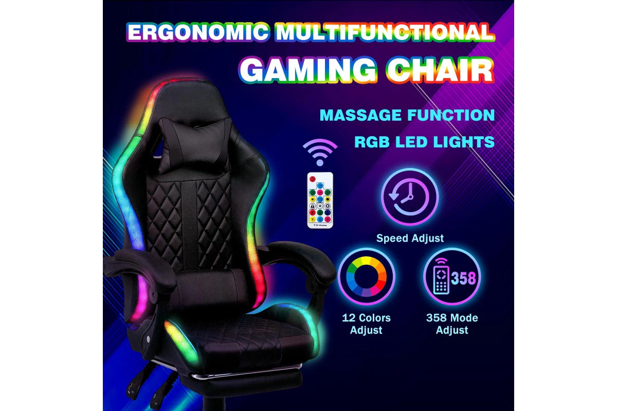 Advwin Gaming Chair with 7 Massagers and 12 RGB LED Lights with Footrest Black