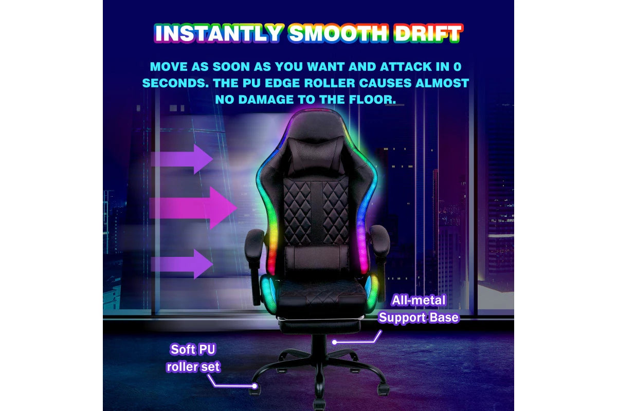 Advwin Gaming Chair with 7 Massagers and 12 RGB LED Lights with Footrest Black