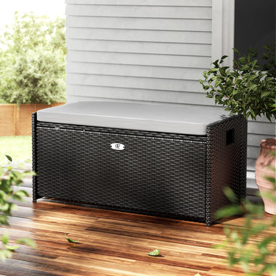 Gardeon Outdoor Storage Bench Box Wicker Garden Sheds Tools Cushion Patio Furniture Black