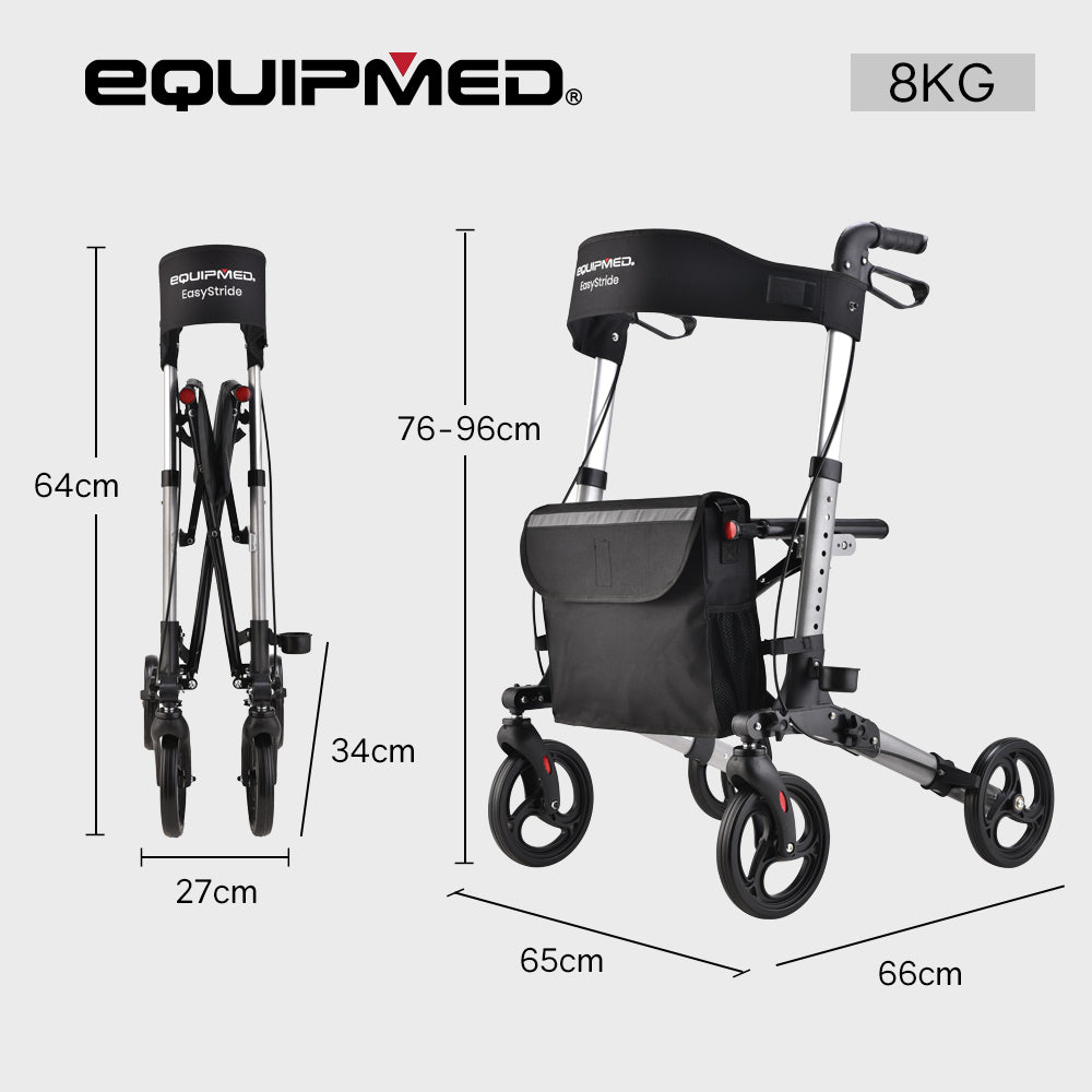 EQUIPMED Foldable Aluminium Walking Frame Rollator with Bag and Seat, Silver