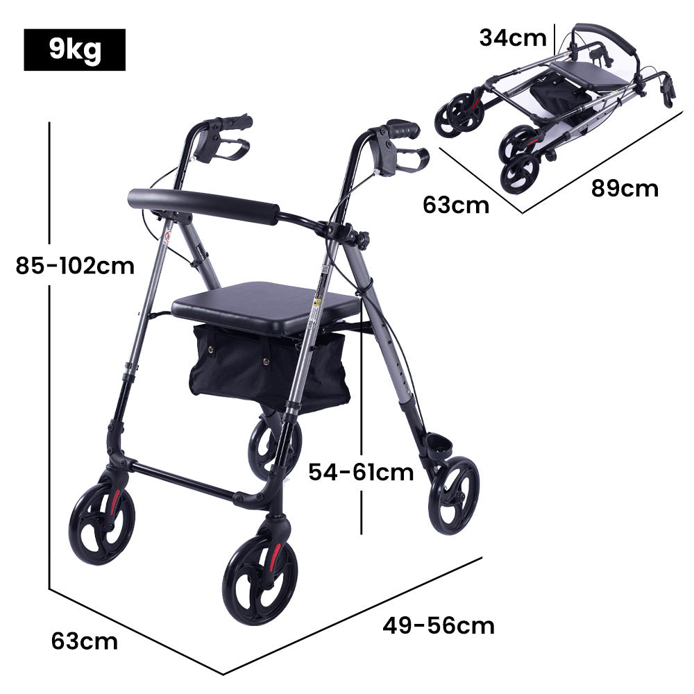 EQUIPMED 4 Wheel Lightweight Rollator Walker, Aluminium Frame, Seat, Carry Bag, for Seniors, Titanium Style