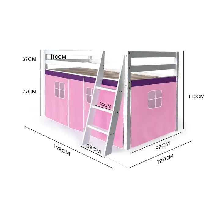 KINGSTON SLUMBER Wooden Kids Single Loft Bed Frame - Interchangeable Pink and Blue Curtains