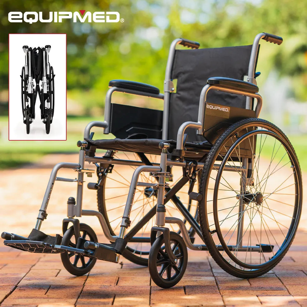 24 Inch Folding Wheelchair with Park Brakes, 136kg Capacity, Retractable Armrests, Grey