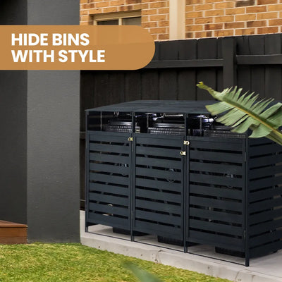 Triple Wood Wheelie Bins Storage Shed, 3 Door Garbage Rubbish Bin Enclosure