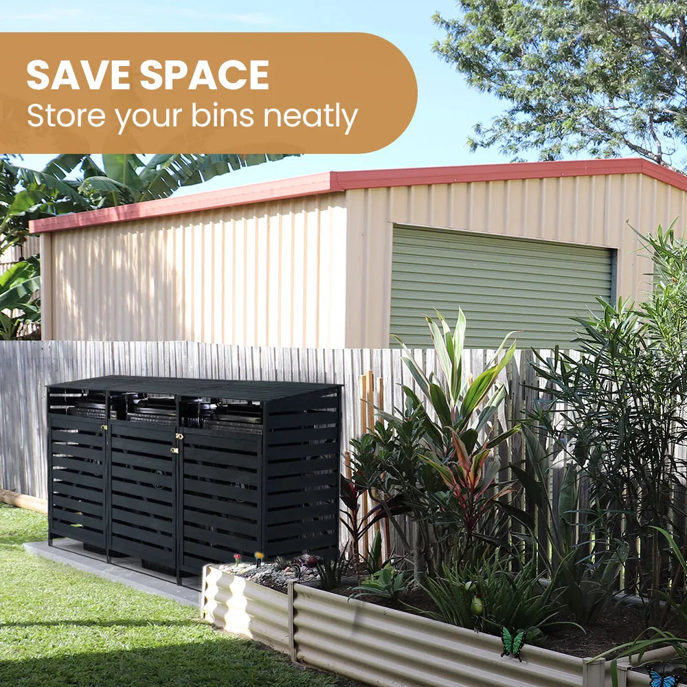 Triple Wood Wheelie Bins Storage Shed, 3 Door Garbage Rubbish Bin Enclosure