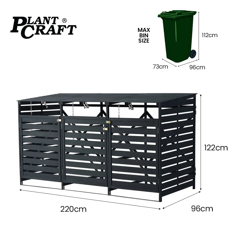 Triple Wood Wheelie Bins Storage Shed, 3 Door Garbage Rubbish Bin Enclosure