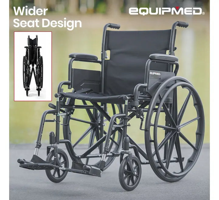 Folding Wheelchair, XL 51cm Wide Seat, 24 Inch Wheels, 136kg Capacity, Park Brakes, Black