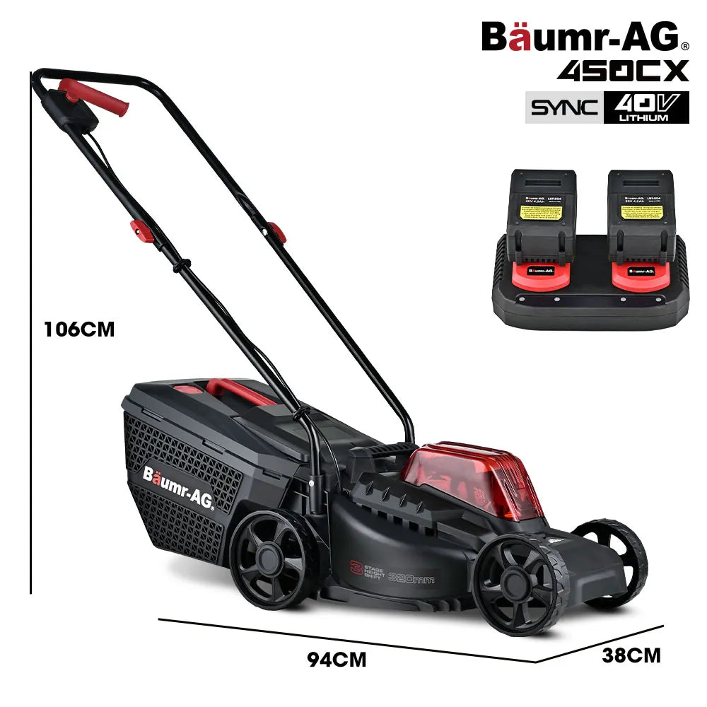 BAUMR-AG 450CX 40V SYNC Cordless LawnMower Kit, Fast Charger, 2 x 4Ah Battery, 320mm Grass Cutting Path